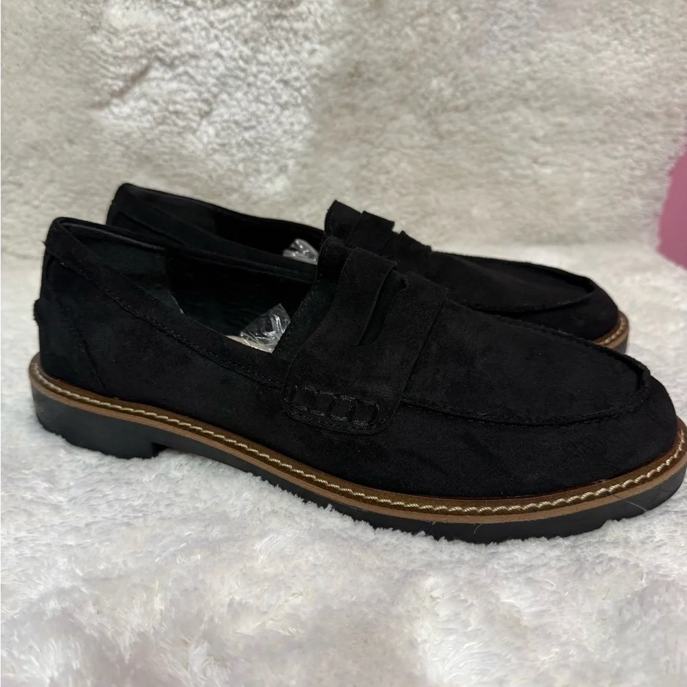 Anne Klein Everly Black Fabric Lugged Sole Loafers Women's Size 8.5M